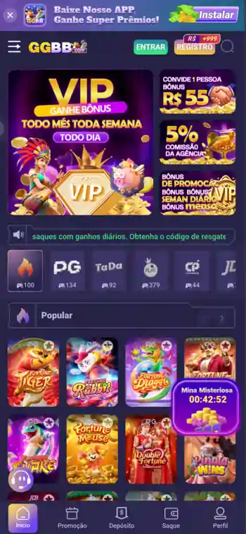 Tela do aplicativo GGBB mostrando jogos e opções de apostas.