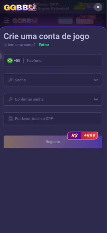 Página de registro do GGBB cassino mostrando formulário para novos jogadores.